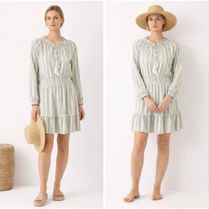 Cabana Life UPF 50+ Smocked Waist Dress XL Blue White Stripe Ruffle Beach Resort